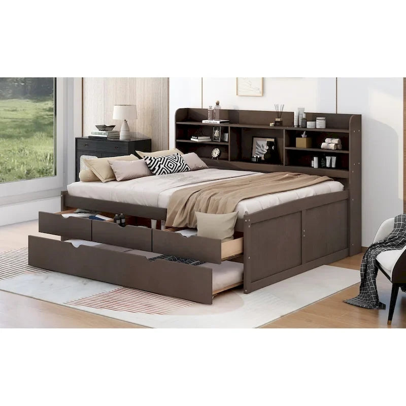 Letto a piattaforma "Captain" in legno full size con librerie integrate, tre cassetti portaoggetti e letto estraibile