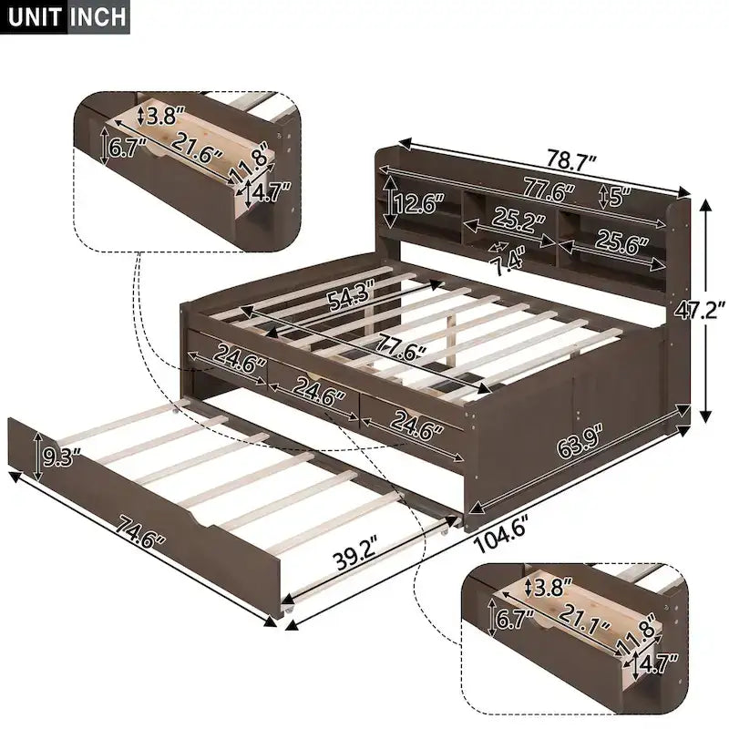 Letto a piattaforma "Captain" in legno full size con librerie integrate, tre cassetti portaoggetti e letto estraibile
