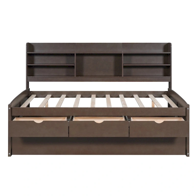 Letto a piattaforma "Captain" in legno full size con librerie integrate, tre cassetti portaoggetti e letto estraibile