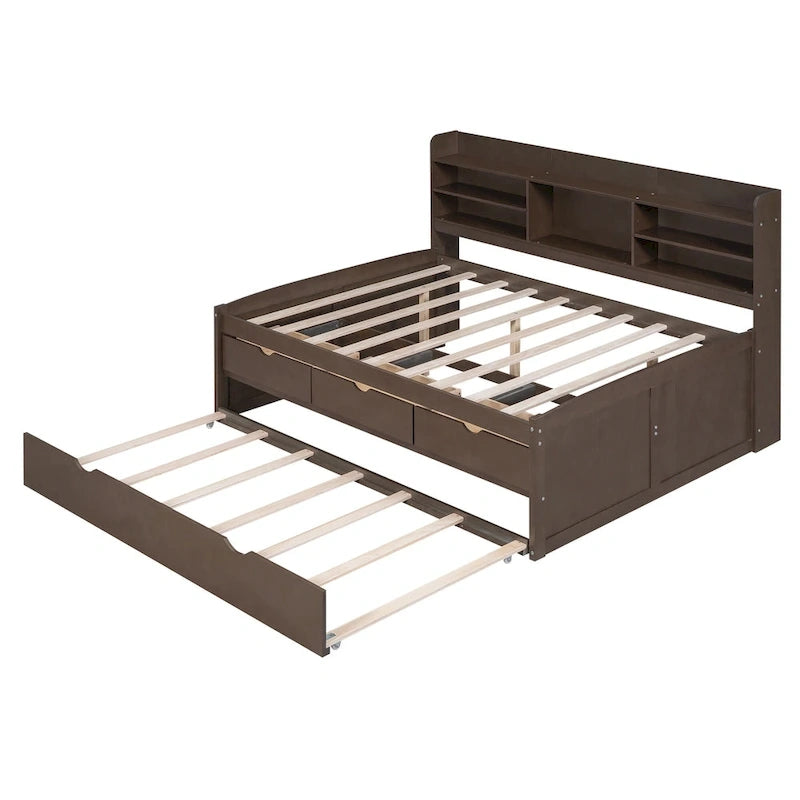 Letto a piattaforma "Captain" in legno full size con librerie integrate, tre cassetti portaoggetti e letto estraibile