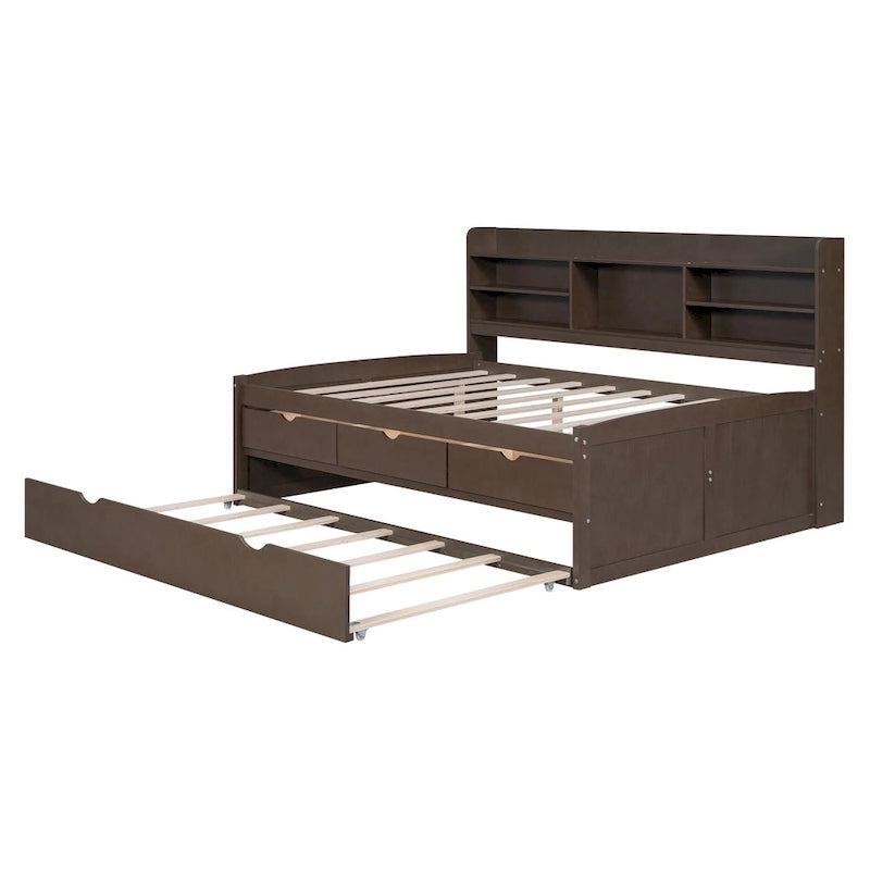 Letto a piattaforma "Captain" in legno full size con librerie integrate, tre cassetti portaoggetti e letto estraibile