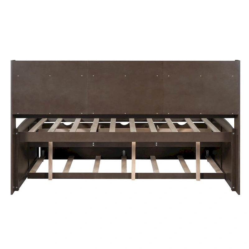 Letto a piattaforma "Captain" in legno full size con librerie integrate, tre cassetti portaoggetti e letto estraibile