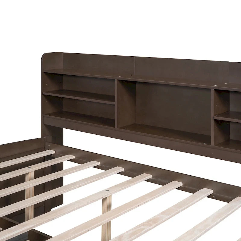 Letto a piattaforma "Captain" in legno full size con librerie integrate, tre cassetti portaoggetti e letto estraibile