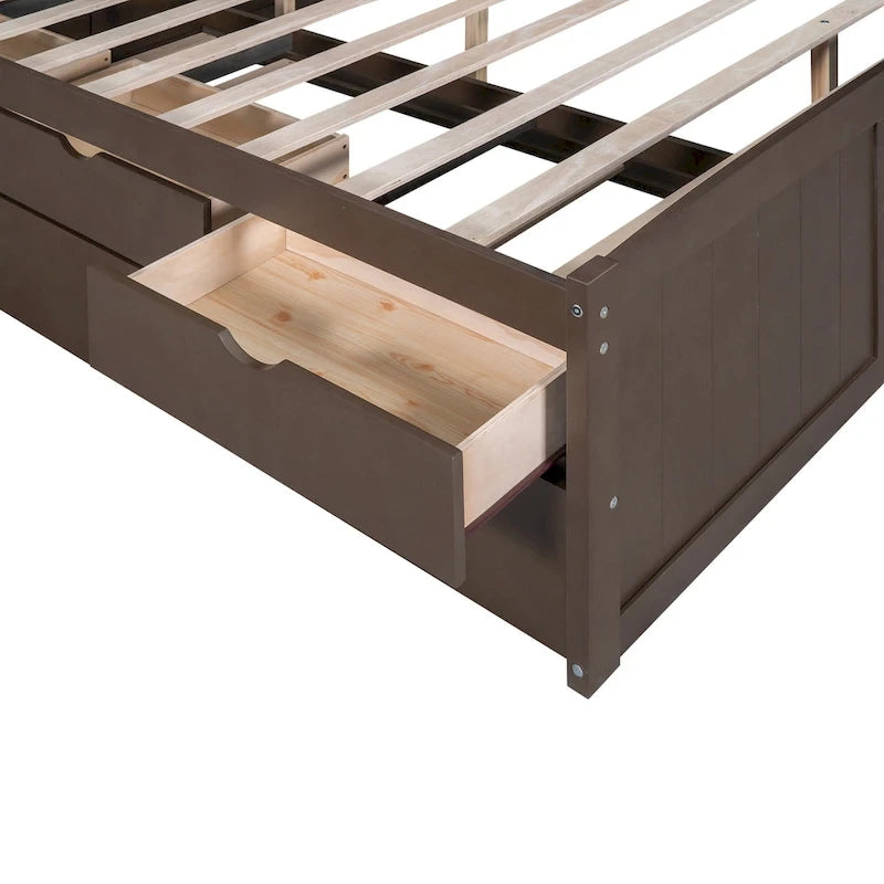 Letto a piattaforma "Captain" in legno full size con librerie integrate, tre cassetti portaoggetti e letto estraibile