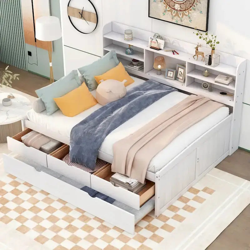 Letto a piattaforma "Captain" in legno full size con librerie integrate, tre cassetti portaoggetti e letto estraibile