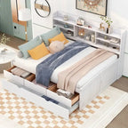 Letto a piattaforma "Captain" in legno full size con librerie integrate, tre cassetti portaoggetti e letto estraibile