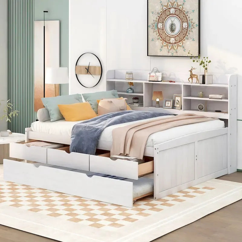 Letto a piattaforma "Captain" in legno full size con librerie integrate, tre cassetti portaoggetti e letto estraibile