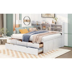 Letto a piattaforma "Captain" in legno full size con librerie integrate, tre cassetti portaoggetti e letto estraibile