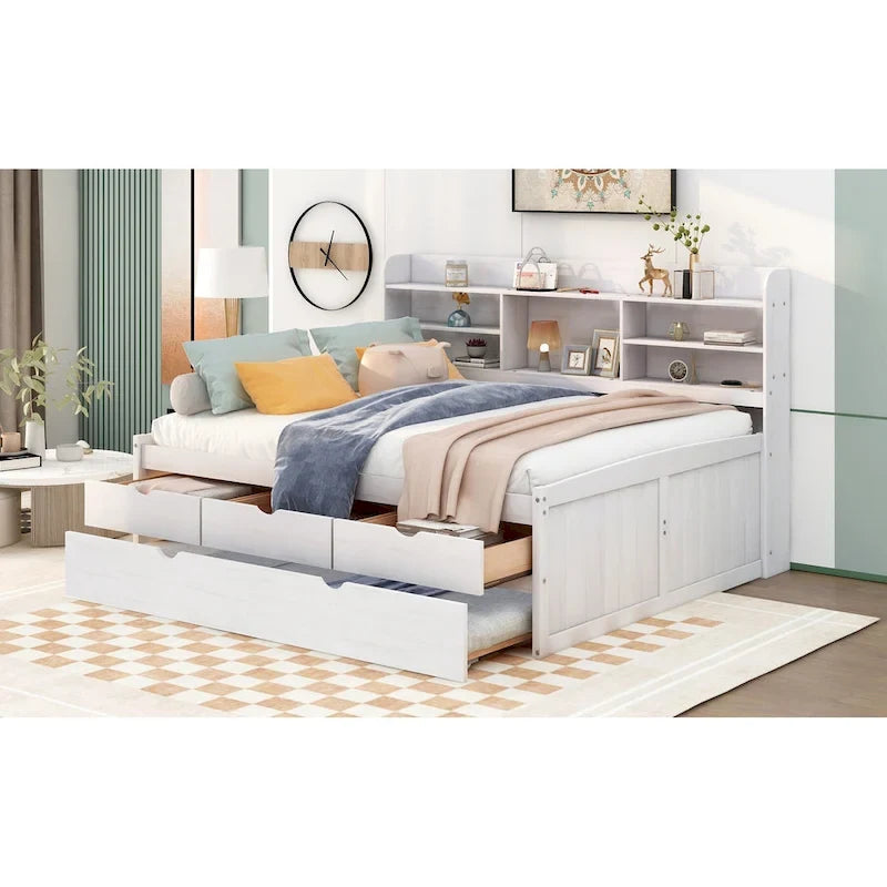 Letto a piattaforma "Captain" in legno full size con librerie integrate, tre cassetti portaoggetti e letto estraibile