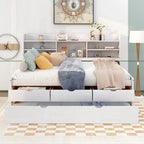 Letto a piattaforma "Captain" in legno full size con librerie integrate, tre cassetti portaoggetti e letto estraibile