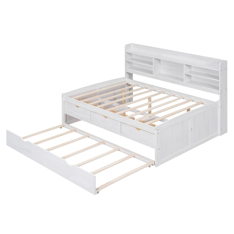 Letto a piattaforma "Captain" in legno full size con librerie integrate, tre cassetti portaoggetti e letto estraibile