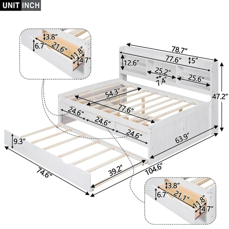 Letto a piattaforma "Captain" in legno full size con librerie integrate, tre cassetti portaoggetti e letto estraibile