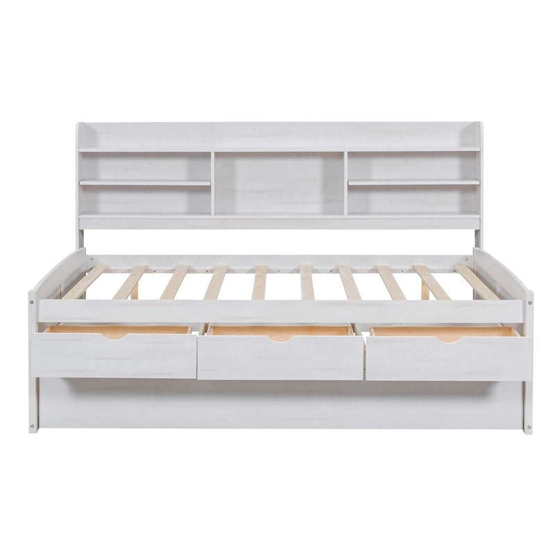 Letto a piattaforma "Captain" in legno full size con librerie integrate, tre cassetti portaoggetti e letto estraibile