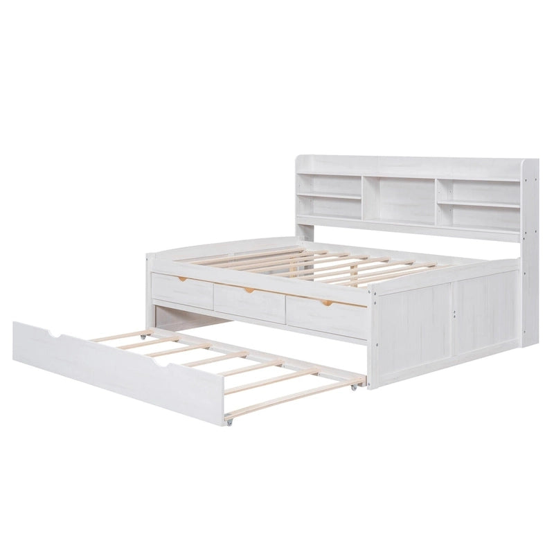 Letto a piattaforma "Captain" in legno full size con librerie integrate, tre cassetti portaoggetti e letto estraibile