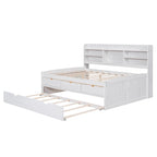 Letto a piattaforma "Captain" in legno full size con librerie integrate, tre cassetti portaoggetti e letto estraibile