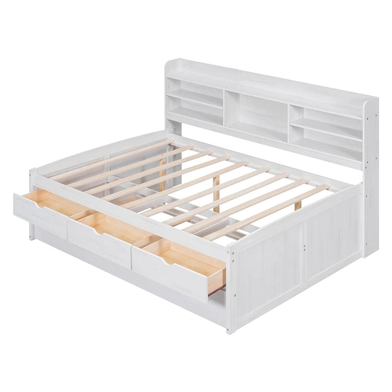 Letto a piattaforma "Captain" in legno full size con librerie integrate, tre cassetti portaoggetti e letto estraibile