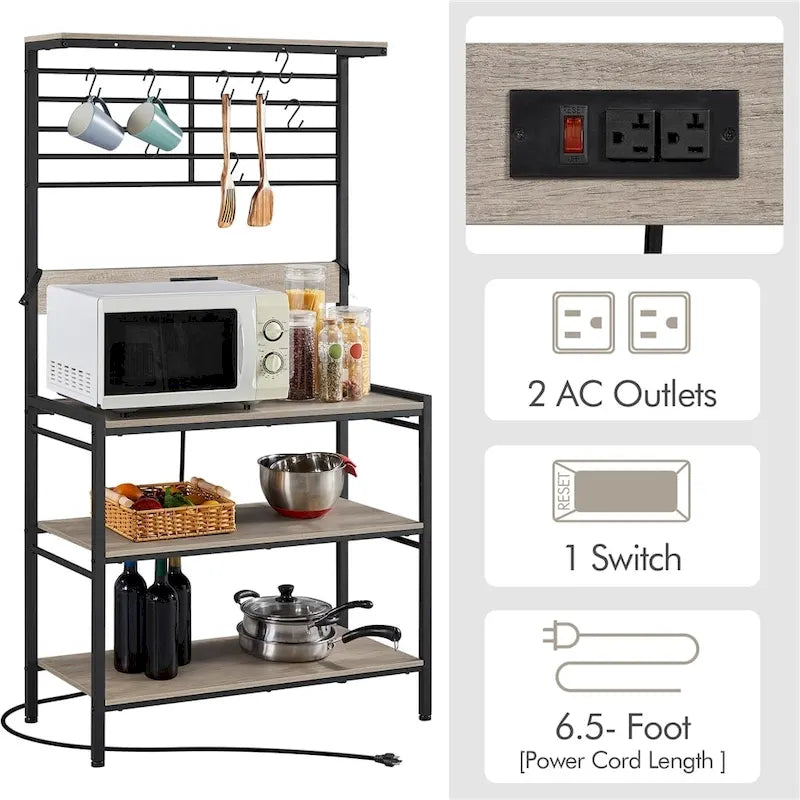 Scaffale da cucina a 4 ripiani con presa di corrente - Grigio