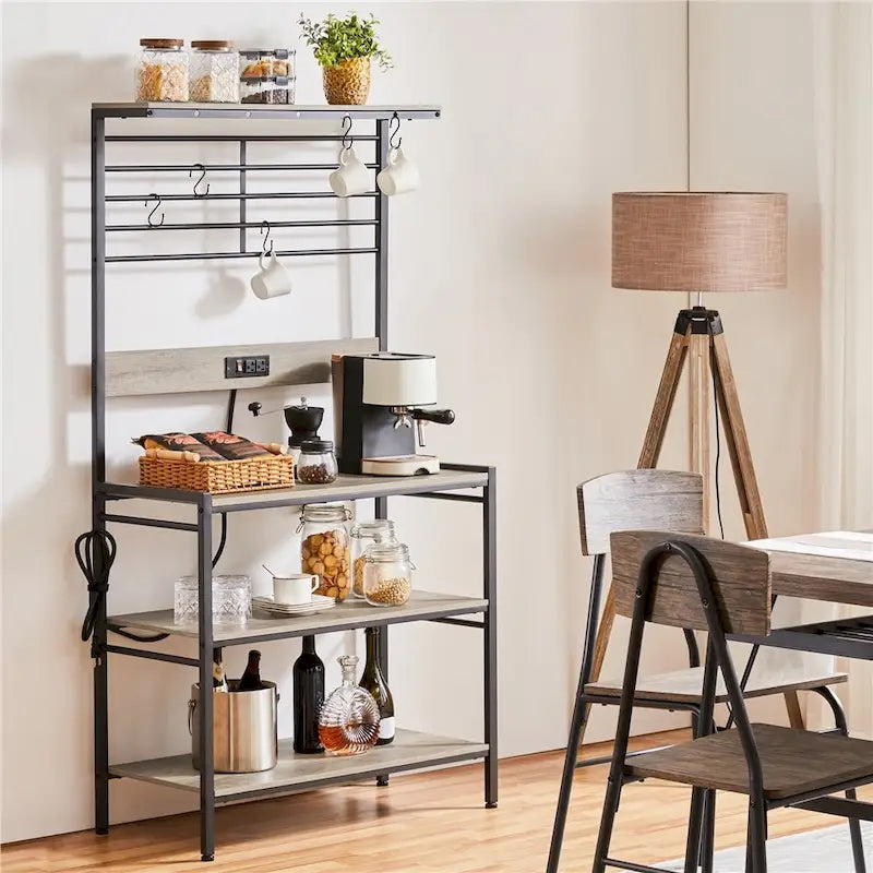 Scaffale da cucina a 4 ripiani con presa di corrente - Grigio