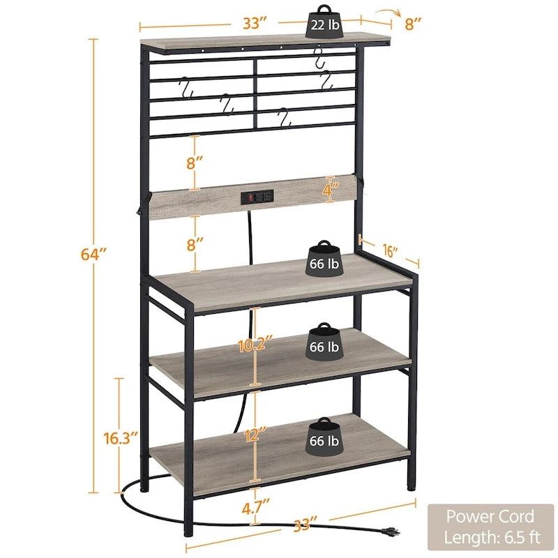 Scaffale da cucina a 4 ripiani con presa di corrente - Grigio