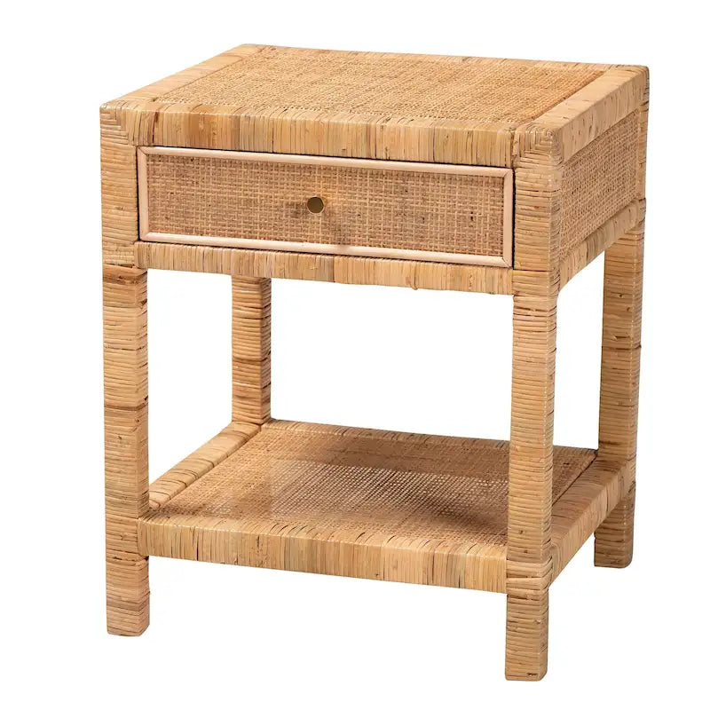 Comodino Adelia moderno bohémien in rattan naturale e legno di mogano a 1 cassetto