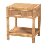 Comodino Adelia moderno bohémien in rattan naturale e legno di mogano a 1 cassetto