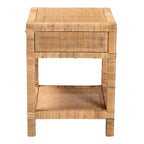 Comodino Adelia moderno bohémien in rattan naturale e legno di mogano a 1 cassetto