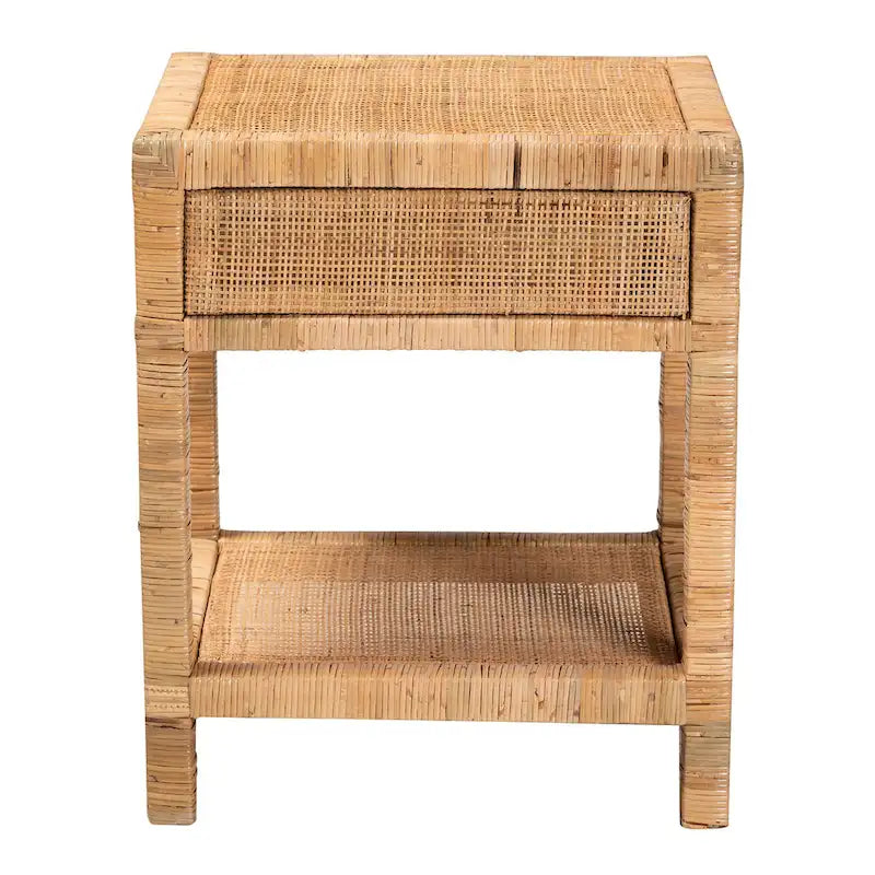 Comodino Adelia moderno bohémien in rattan naturale e legno di mogano a 1 cassetto
