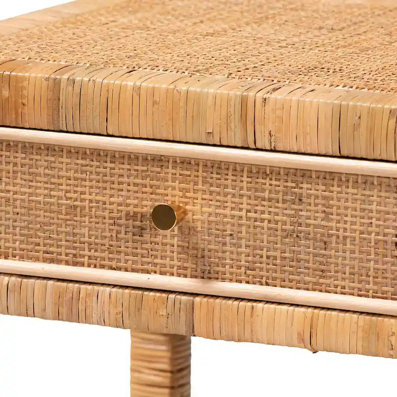 Comodino Adelia moderno bohémien in rattan naturale e legno di mogano a 1 cassetto