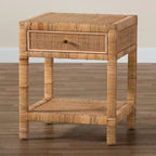 Comodino Adelia moderno bohémien in rattan naturale e legno di mogano a 1 cassetto