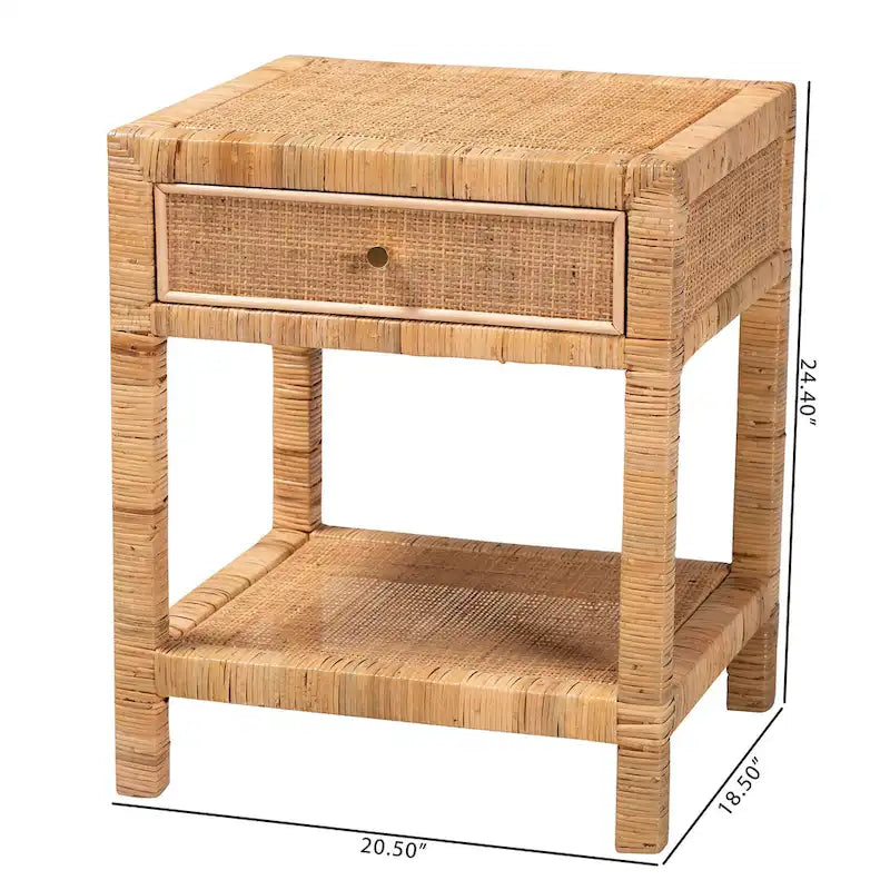 Comodino Adelia moderno bohémien in rattan naturale e legno di mogano a 1 cassetto