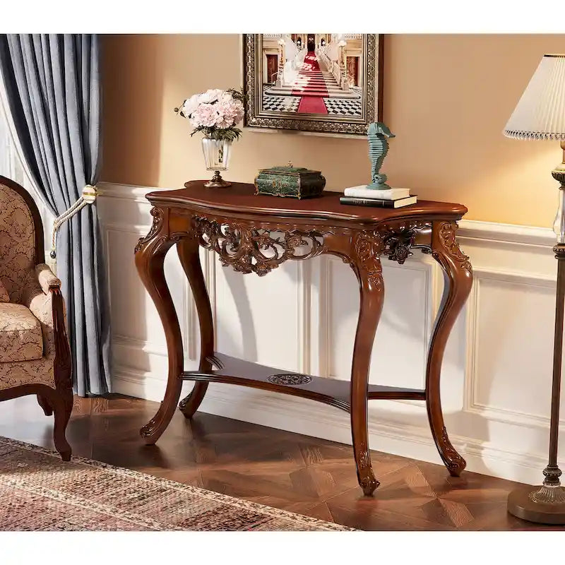 Tavolino Consolle a Due Livelli con Elegante Design Intagliato per Ingresso Soggiorno