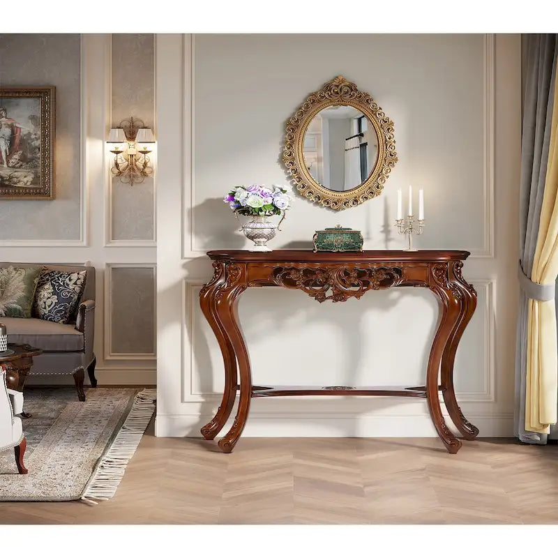 Tavolino Consolle a Due Livelli con Elegante Design Intagliato per Ingresso Soggiorno