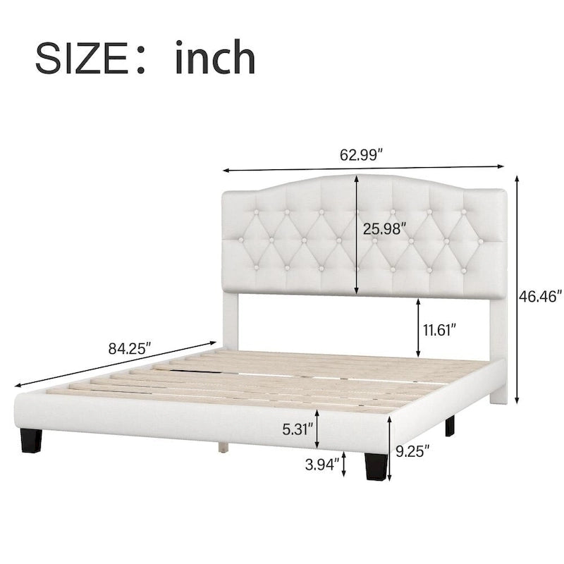 Letto imbottito con piattaforma con testiera curva a sella e dettagli trapuntati a rombi, beige