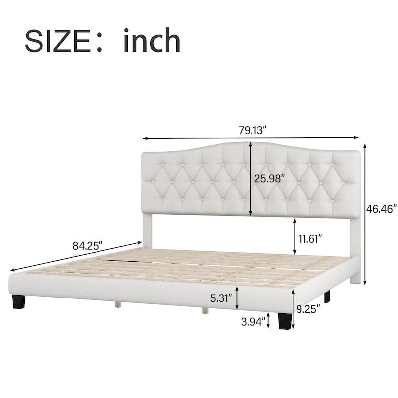 Letto imbottito con piattaforma con testiera curva a sella e dettagli trapuntati a rombi, beige