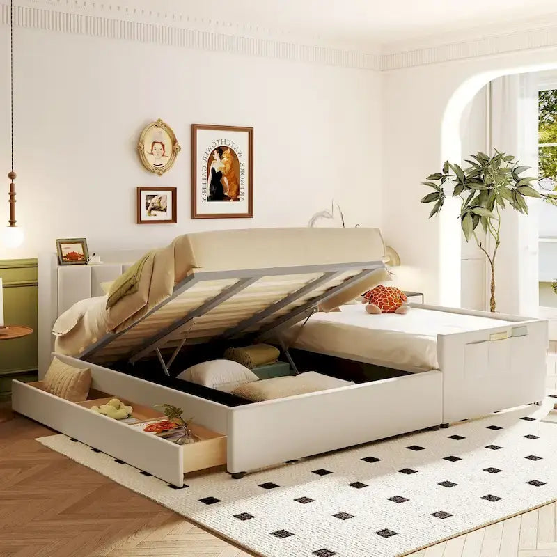 Letto a piattaforma imbottito Twin XL con sistema di archiviazione idraulico