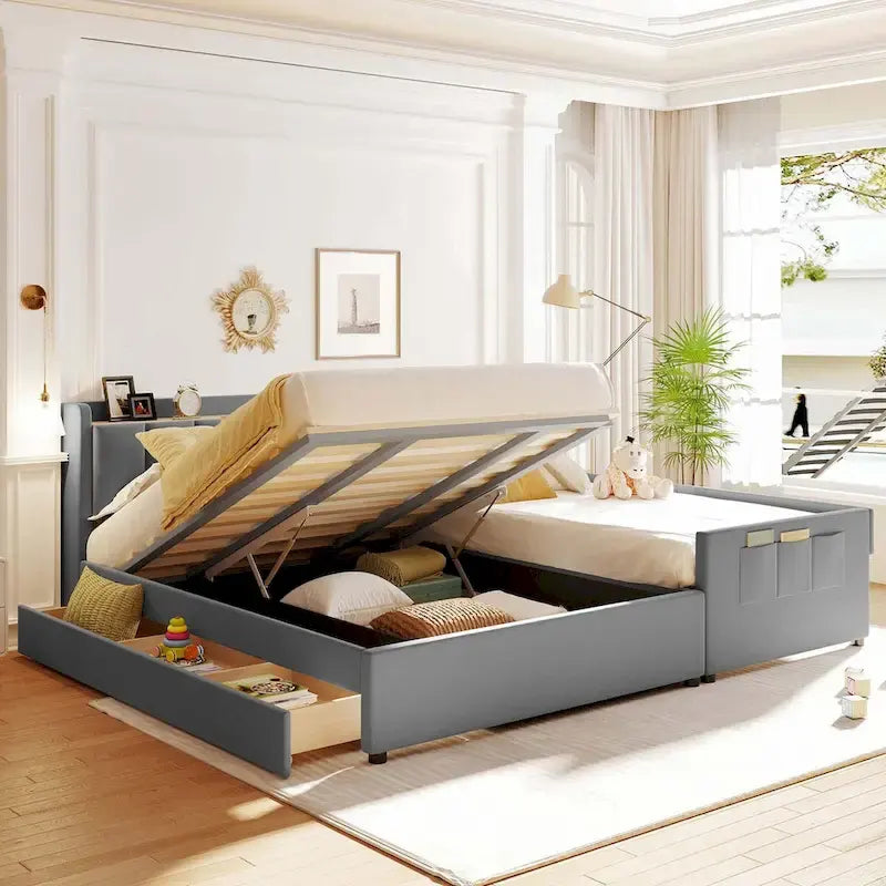 Letto a piattaforma imbottito Twin XL con sistema di archiviazione idraulico