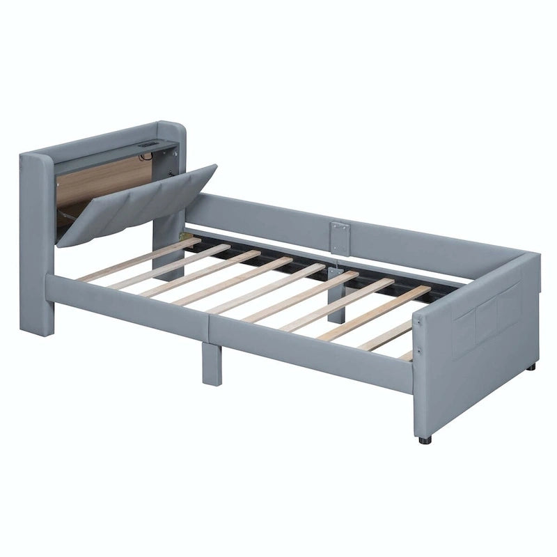 Letto a piattaforma imbottito Twin XL con sistema di archiviazione idraulico