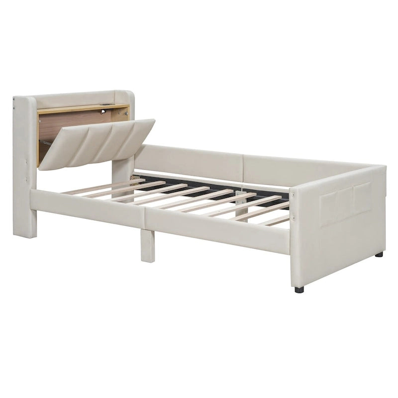 Letto a piattaforma imbottito Twin XL con sistema di archiviazione idraulico
