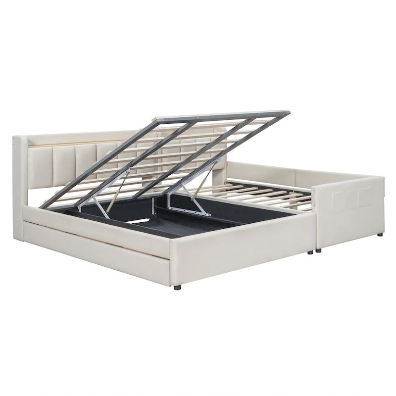 Letto a piattaforma imbottito Twin XL con sistema di archiviazione idraulico