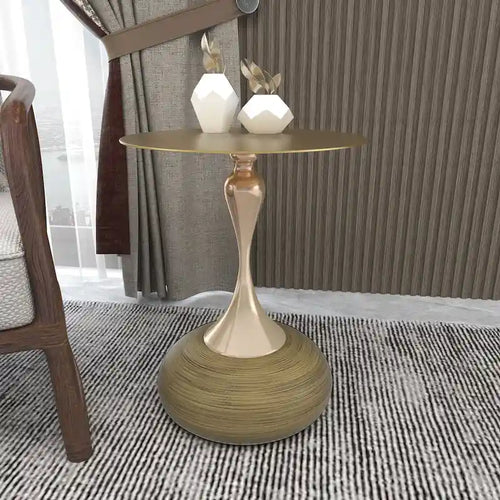 Tavolino Rotondo in Acciaio Inox Dorato da 45 cm con Base a Piedistallo