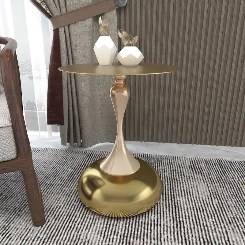 Tavolino Rotondo in Acciaio Inox Dorato da 45 cm con Base a Piedistallo