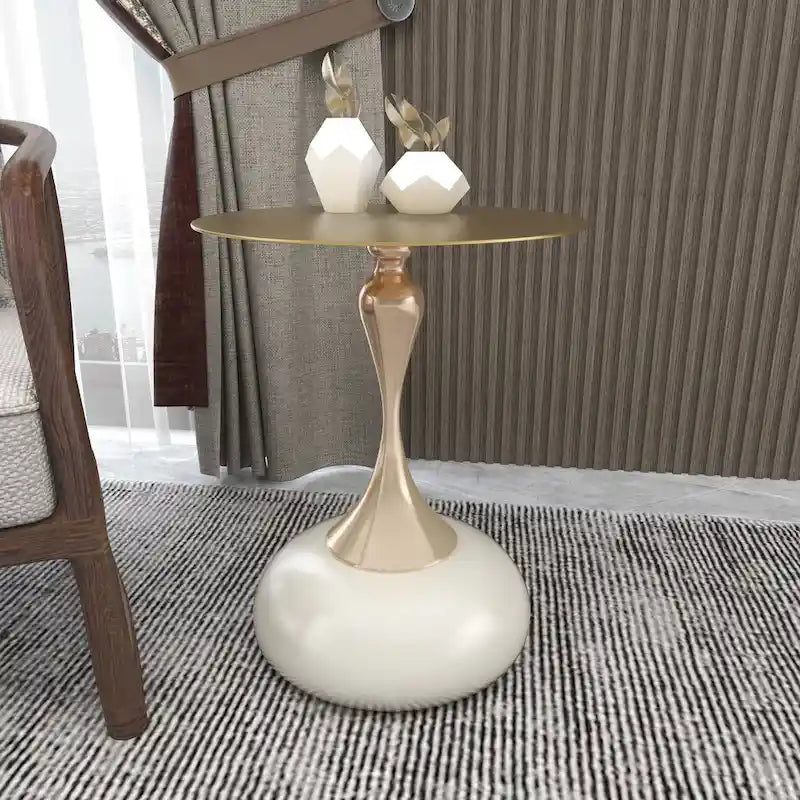 Tavolino Rotondo in Acciaio Inox Dorato da 45 cm con Base a Piedistallo