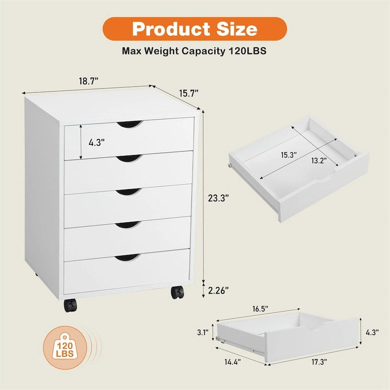 Schedario in legno a 5 cassetti con ruote e guide metalliche