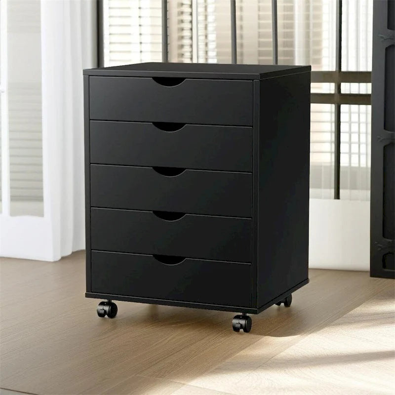 Schedario in legno a 5 cassetti con ruote e guide metalliche
