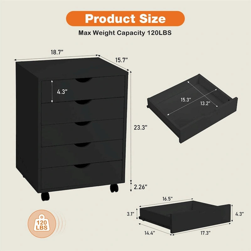 Schedario in legno a 5 cassetti con ruote e guide metalliche