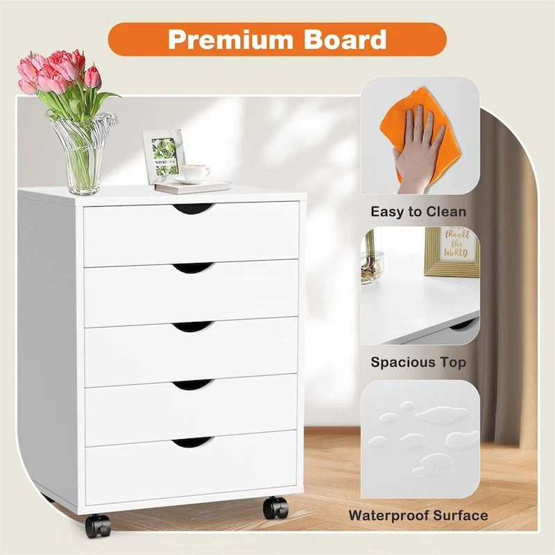 Schedario in legno a 5 cassetti con ruote e guide metalliche