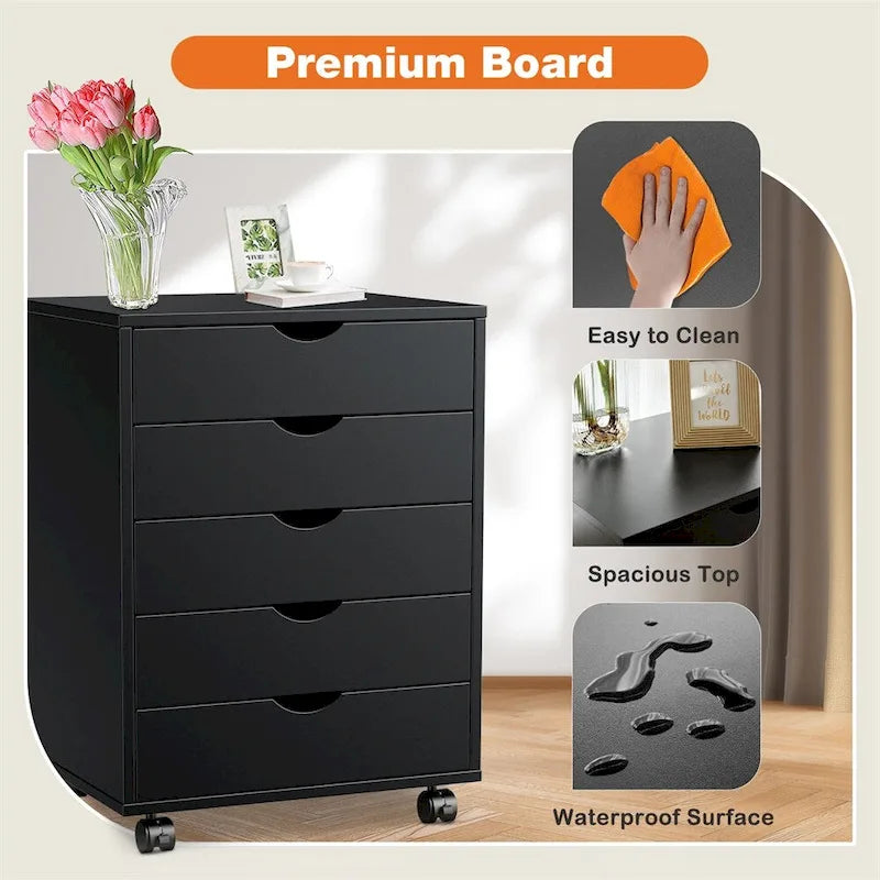 Schedario in legno a 5 cassetti con ruote e guide metalliche