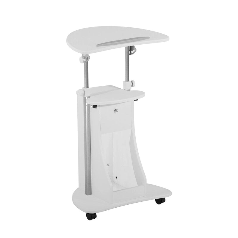 Carrello porta laptop regolabile bianco con rotelle e vano portaoggetti