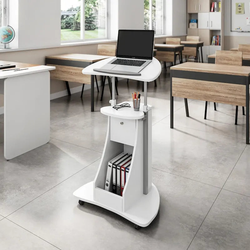 Carrello porta laptop regolabile bianco con rotelle e vano portaoggetti