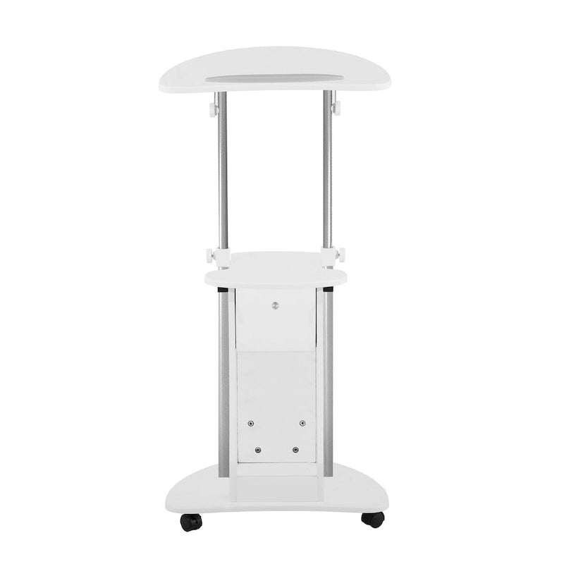 Carrello porta laptop regolabile bianco con rotelle e vano portaoggetti